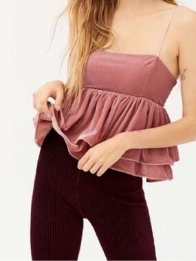 Urban Outfitters Olivia Mauve Velvet Tiered Babydoll Top Size Small